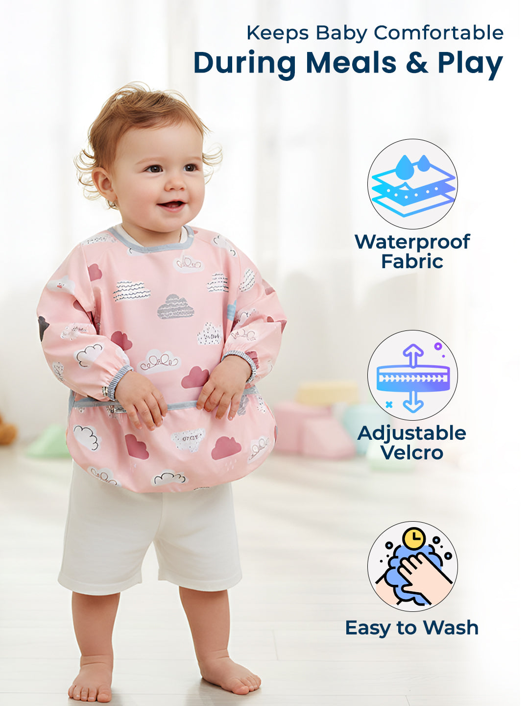 Polka Tots Cloud Print Waterproof Full Sleeves Apron Feeding Bibs for Baby