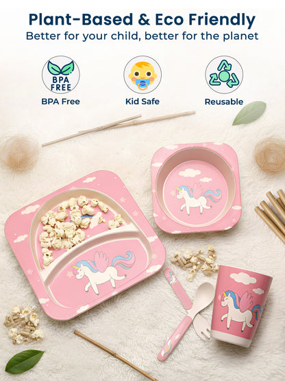 Polka Tots Eco Friendly 5 Pc Bamboo Fiber Dinner Set For Toddler (Unicorn)