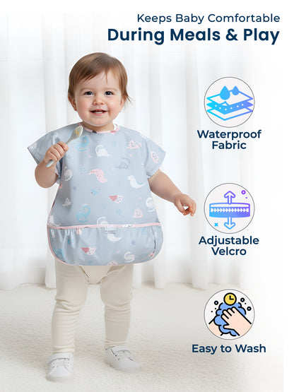 Polka Tots Waterproof Half Sleeves Apron Feeding Bibs for Baby Dino Print