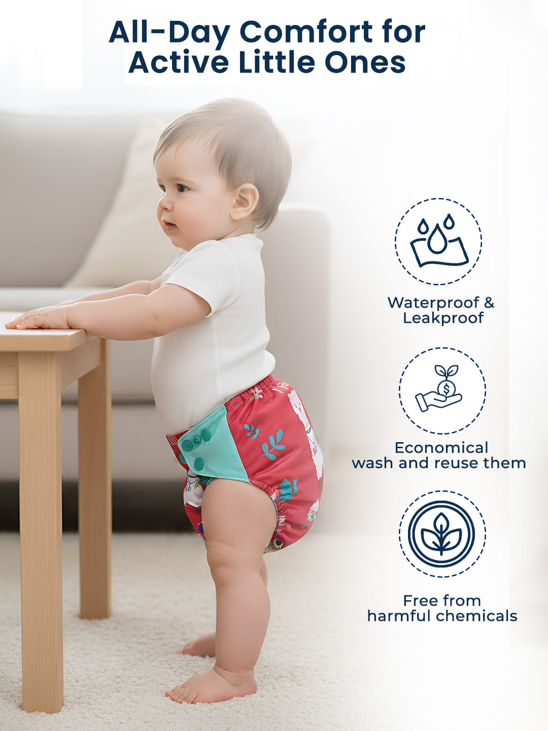 Polka Tots  Reusable & Washable Fleece Cloth Diapers with 1 Liner, Llama Print
