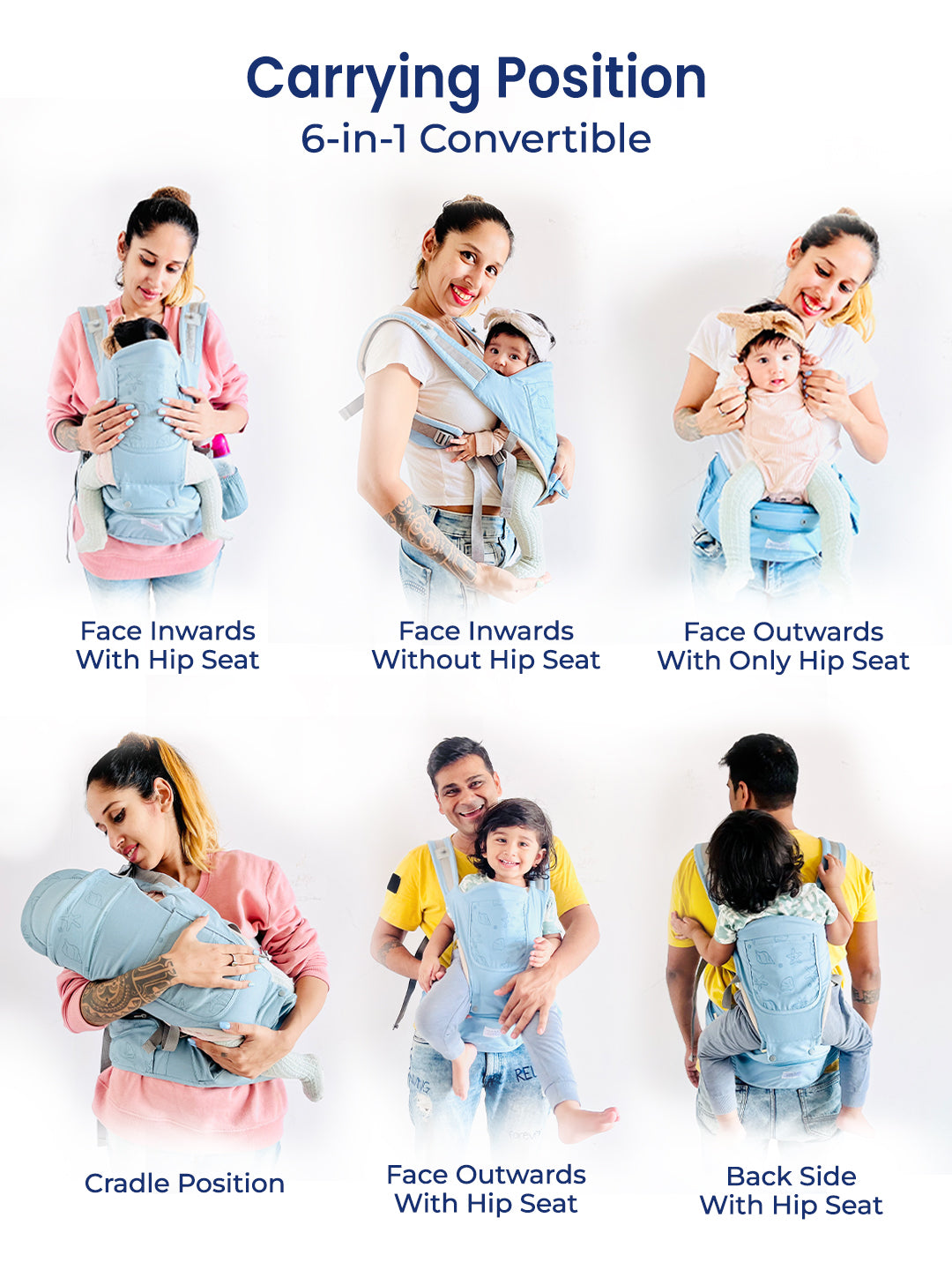 Polka Tots 6 in 1 Blue Baby Carrier with Detachable Hip Seat