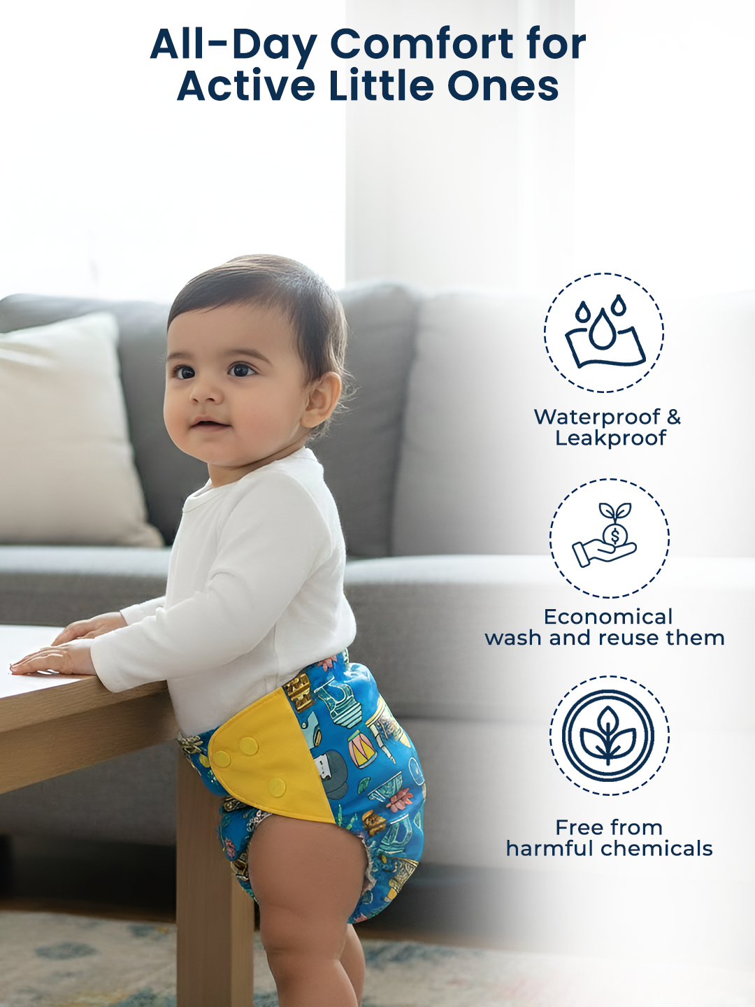 Polka Tots  Reusable & Washable Fleece Cloth Diapers with 1 Liner, Traditional Print