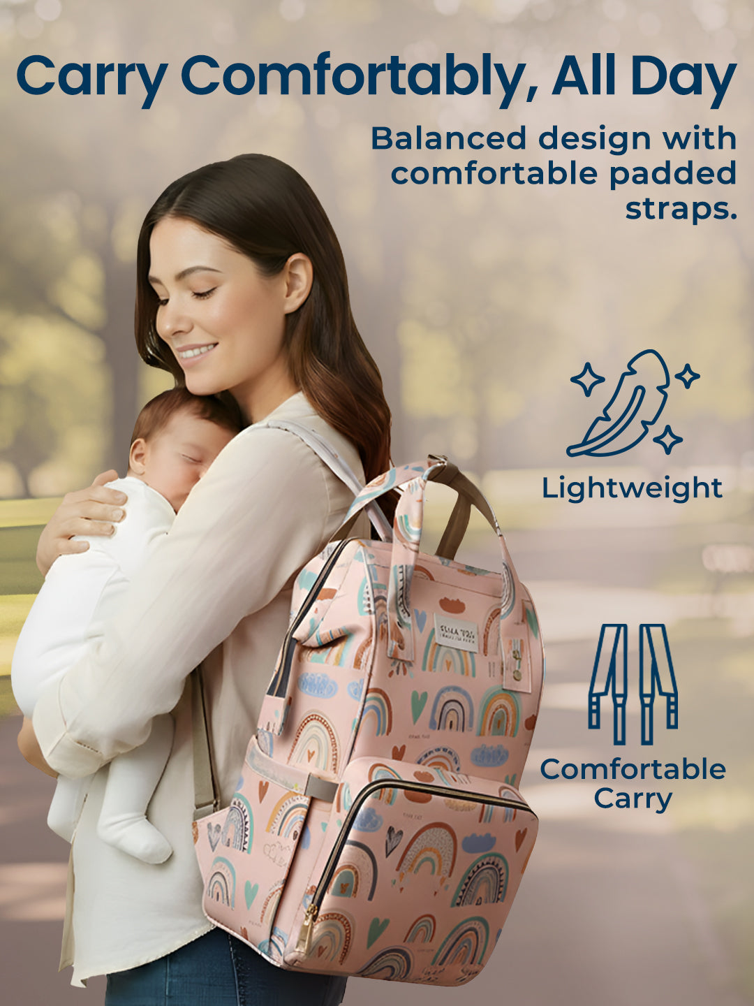 Polka Tots Stylish Multifunctional Rainbow Diaper Bag For Mothers Travel With Pouch - Pink