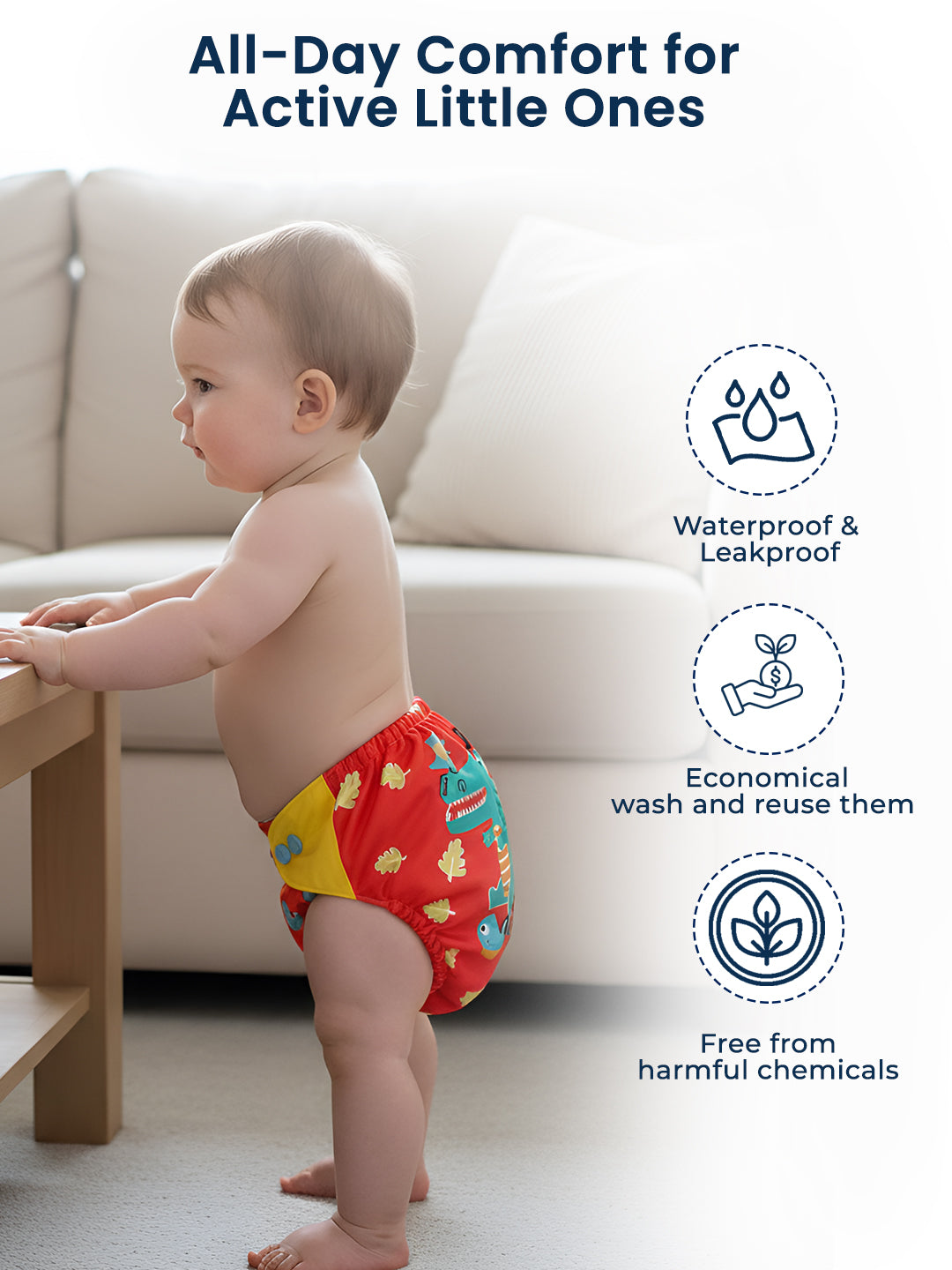 Polka Tots  Reusable & Washable Fleece Cloth Diapers with 1 Liner, Dinosaur Print