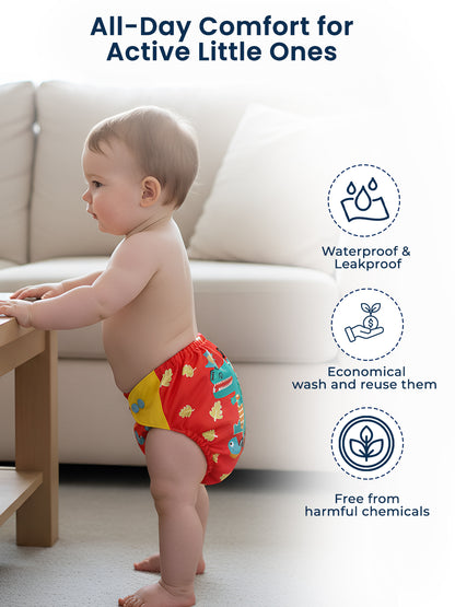 Polka Tots  Reusable & Washable Fleece Cloth Diapers with 1 Liner, Dinosaur Print