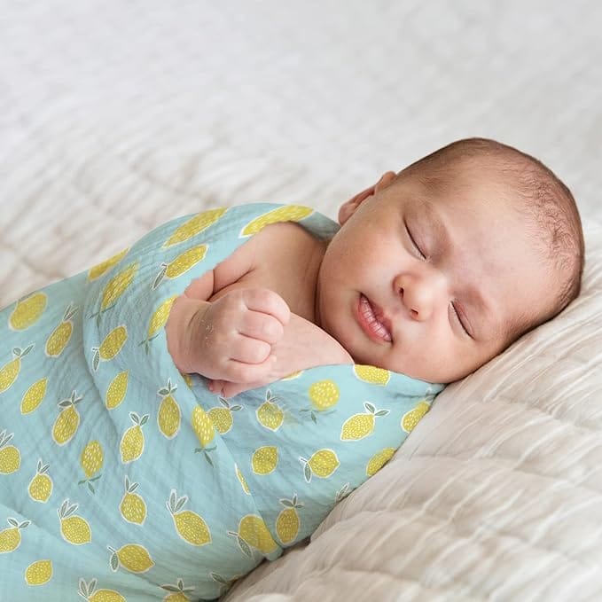haus & kinder Dream Safari Collection 100% Cotton Muslin Baby Swaddles Wrap for Newborn Baby, Size 100cm x 100cm, Pack of 5 (Lion, Elephant, Dots,Ocean, Lemon)