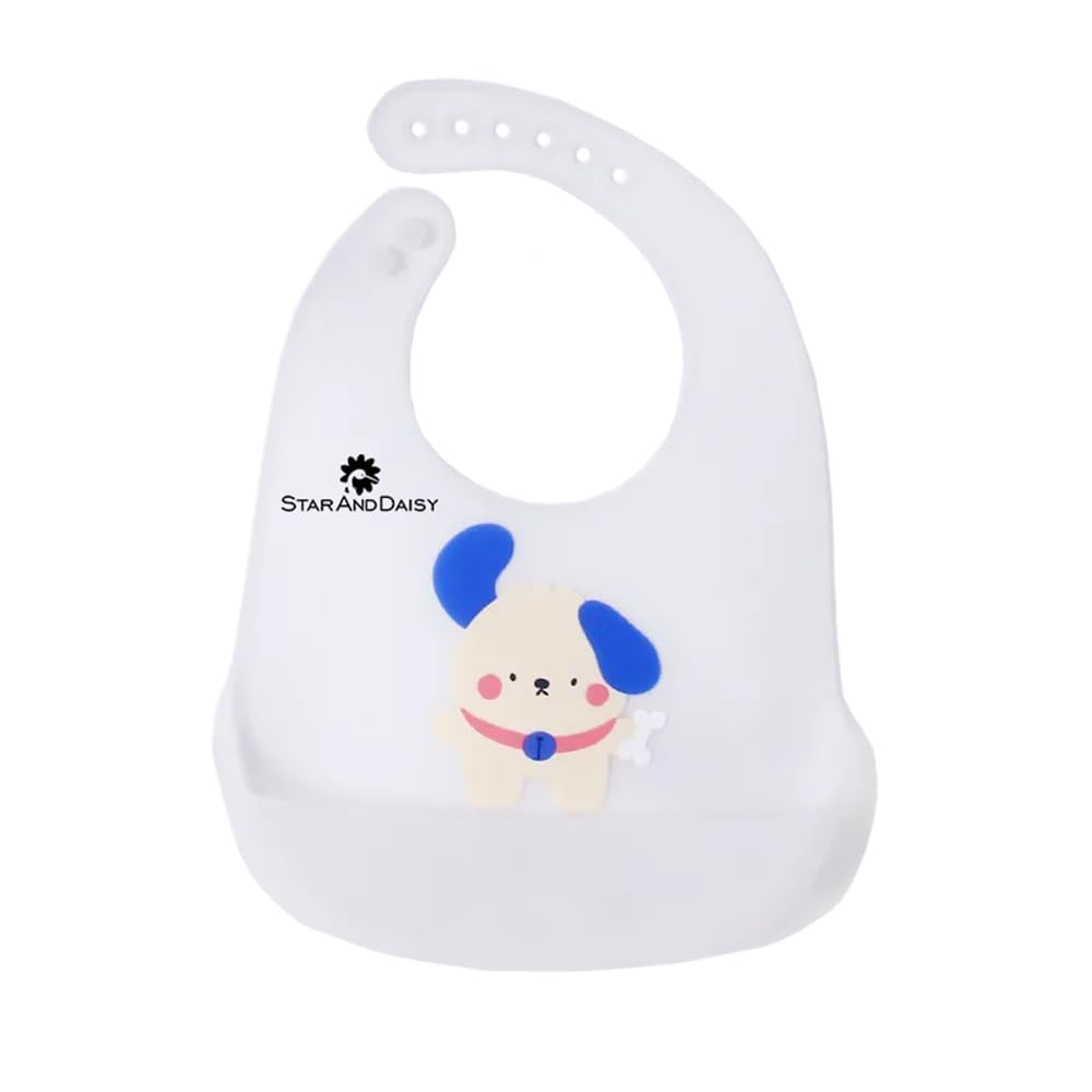 StarAndDaisy Reusable Silicone Baby Bib with Adjustable Buttons for Mess-Free Feeding, Weaning, and Easy Cleaning and Waterproof (Dog Printed-White)