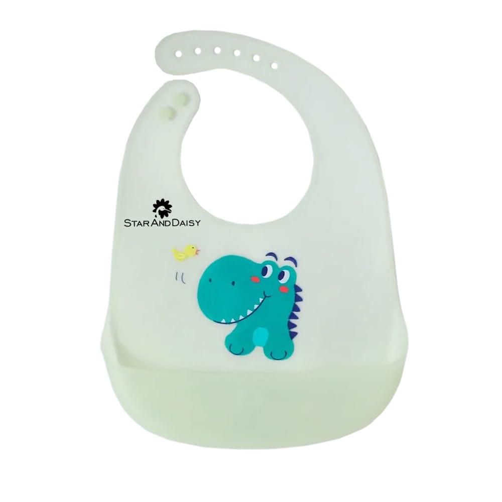 StarAndDaisy Reusable Silicone Baby Bib with Adjustable Buttons for Mess-Free Feeding, Weaning, and Easy Cleaning and Waterproof. (Printed-Light Green)