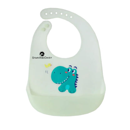 StarAndDaisy Reusable Silicone Baby Bib with Adjustable Buttons for Mess-Free Feeding, Weaning, and Easy Cleaning and Waterproof. (Printed-Light Green)
