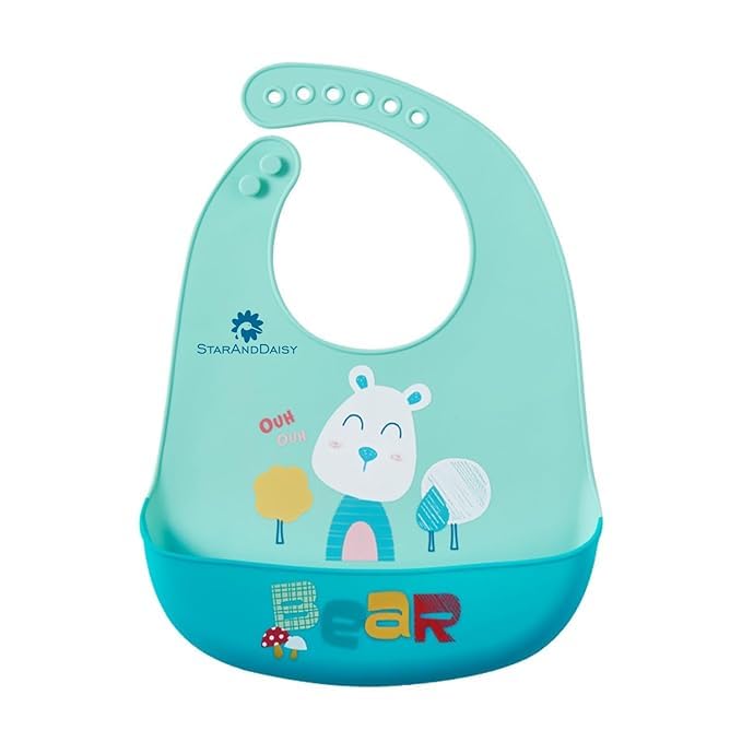 StarAndDaisy Reusable Silicone Bib for Baby with Adjustable Buttons for Mess-Free Feeding, Weaning, and Easy Cleaning and Waterproof (Printed-Green Bear)