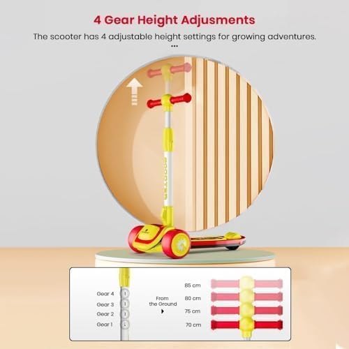 StarAndDaisy Kick Scooter 3 Wheel for 3-12 Boys & Girls/Scooter for Kids with Led Light, PU Wheels/Kids Scooter with 4 Level Height Adjustment, Up to 100 Kg Weight Support Chassis. Red-Yellow