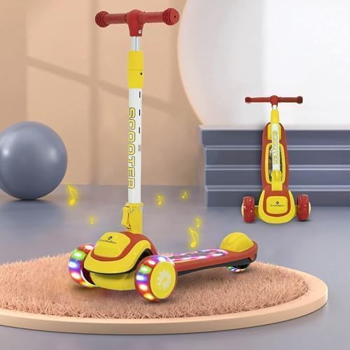 StarAndDaisy Kick Scooter 3 Wheel for 3-12 Boys & Girls/Scooter for Kids with Led Light, PU Wheels/Kids Scooter with 4 Level Height Adjustment, Up to 100 Kg Weight Support Chassis. Red-Yellow