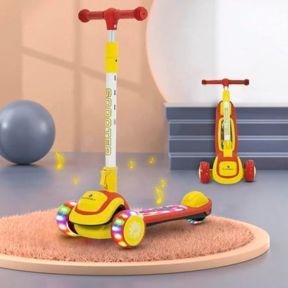 StarAndDaisy Kick Scooter 3 Wheel for 3-12 Boys & Girls/Scooter for Kids with Led Light, PU Wheels/Kids Scooter with 4 Level Height Adjustment, Up to 100 Kg Weight Support Chassis. Red-Yellow