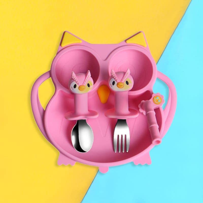 StarAndDaisy Baby Plates for Toddlers with Straw, Silicone Plates with Suction Divided Kids BPA Free Microwave Dishwasher Safe, Plates with Set of Spoons (Fine Ketty Pink)