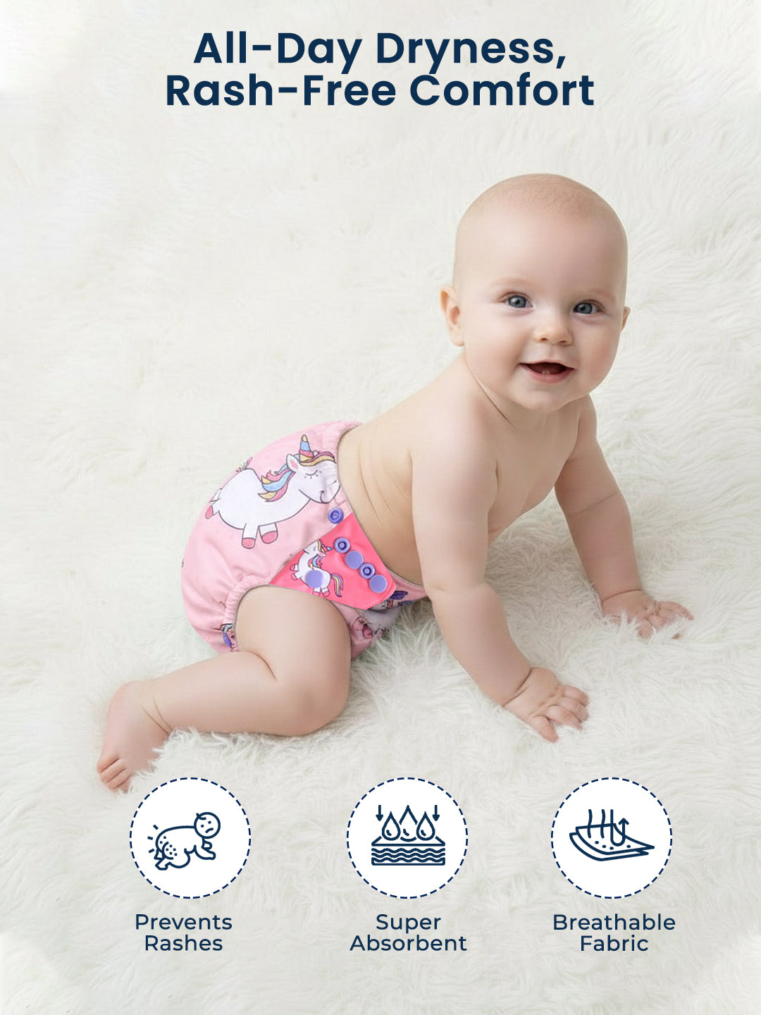 Polka Tots  Reusable & Washable Fleece Cloth Diapers with 1 Liner, Unicorn Print