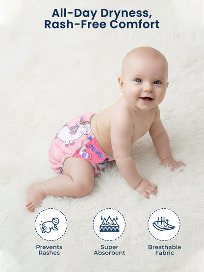 Polka Tots  Reusable & Washable Fleece Cloth Diapers with 1 Liner, Unicorn Print