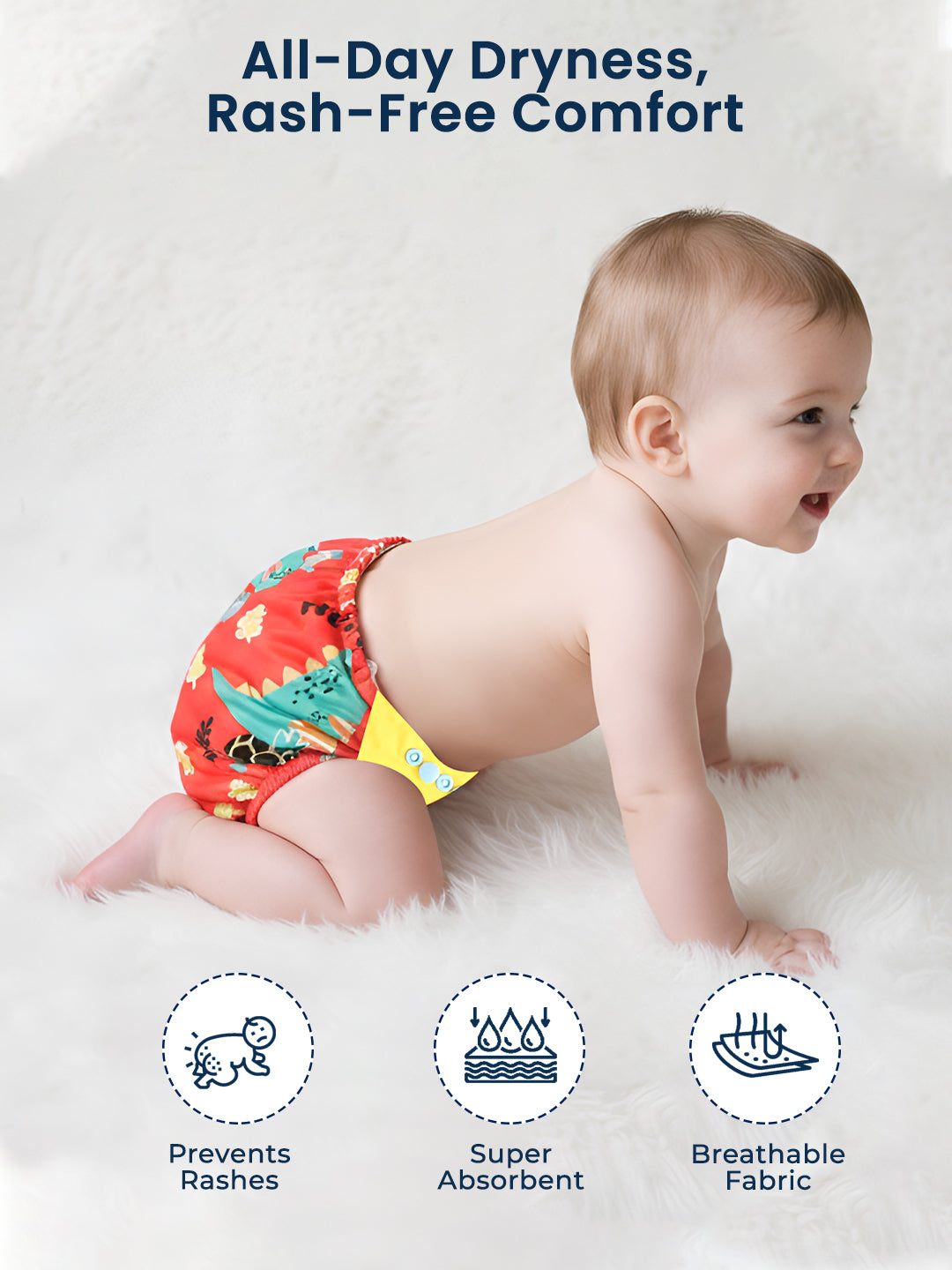 Polka Tots  Reusable & Washable Fleece Cloth Diapers with 1 Liner, Dinosaur Print