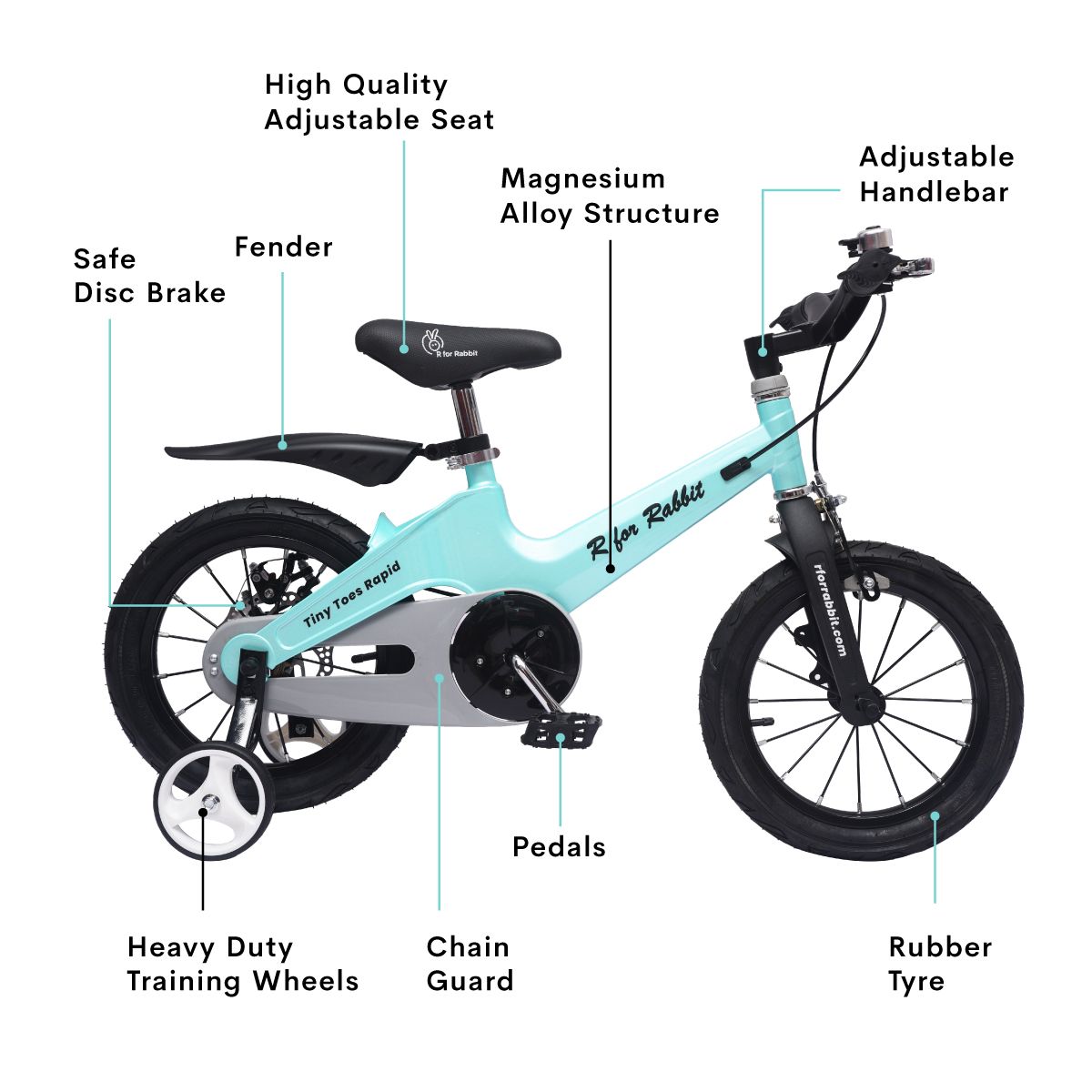R for Rabbit Tiny Toes Rapid 16T Bicycle - Single Structure, Adjustable Seat & Handlebar, 95% Installed Lake Blue