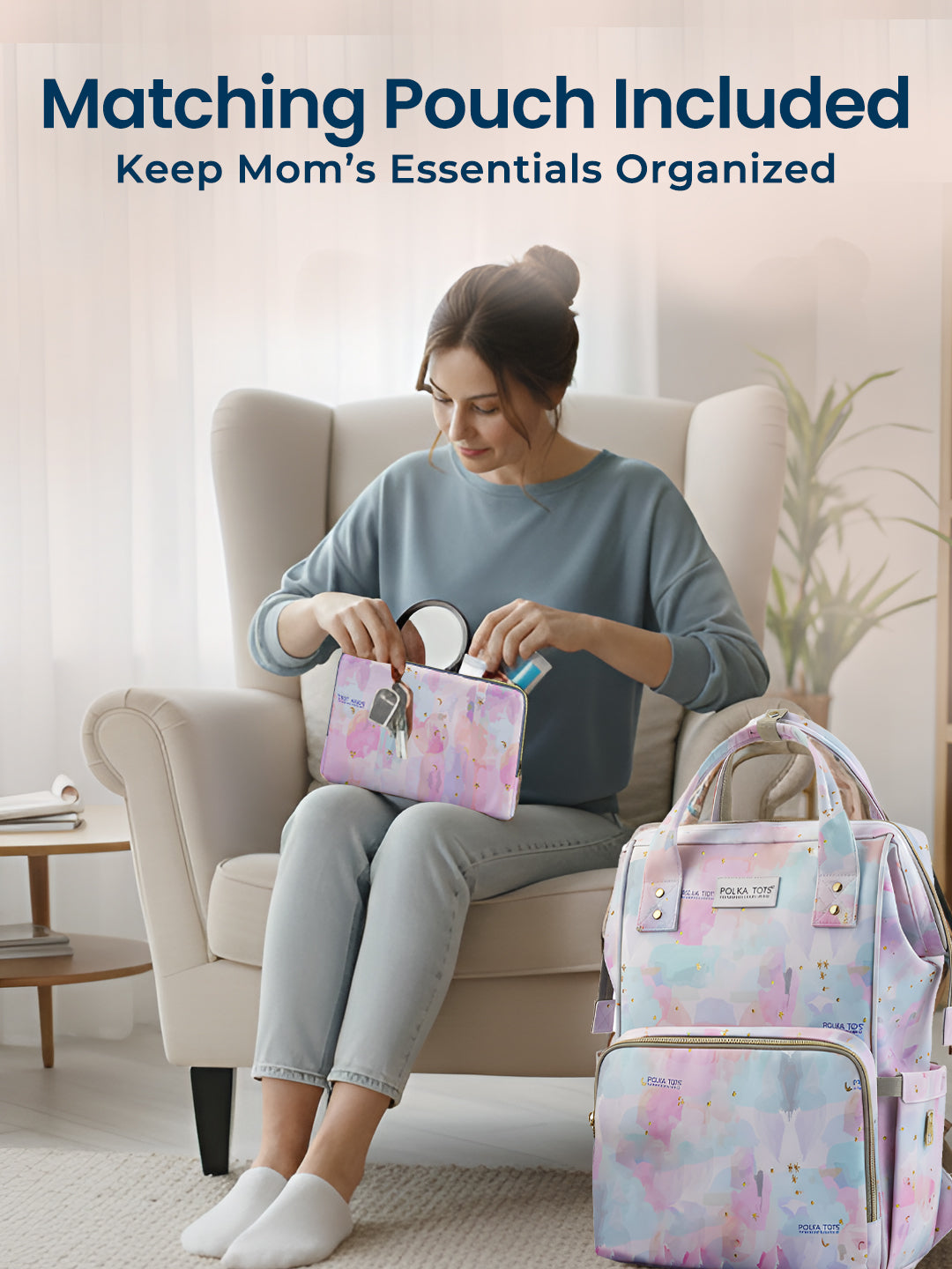 Polka Tots Stylish Multifunctional Rainbow Diaper Bag For Mothers Travel With Pouch  - Pink