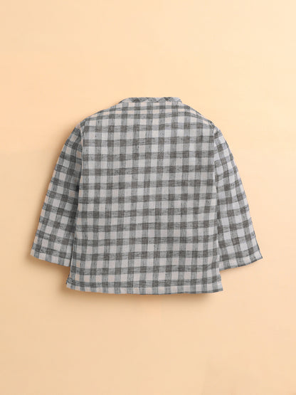 Polka Tots Cotton Linen Checks Full Sleeve Jabla Pant - Grey (0-3 Months)