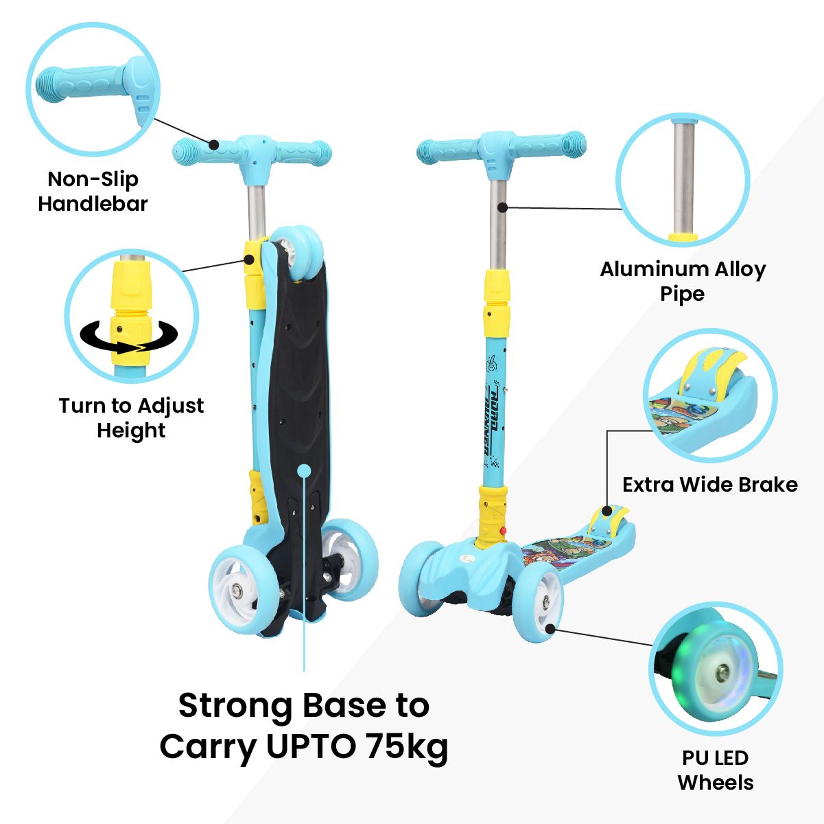 R for Rabbit Road Runner Scooter - PU LED Wheels, 4 Level Height Adjustment, Anti Slip Deck Blue