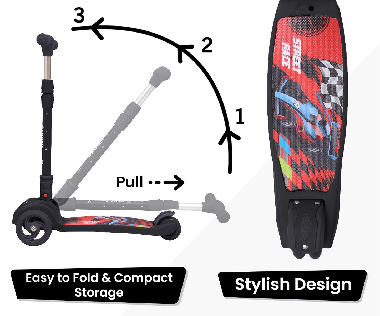 R for Rabbit Road Runner Scooter - PU LED Wheels, 4 Level Height Adjustment, Anti Slip Deck Black