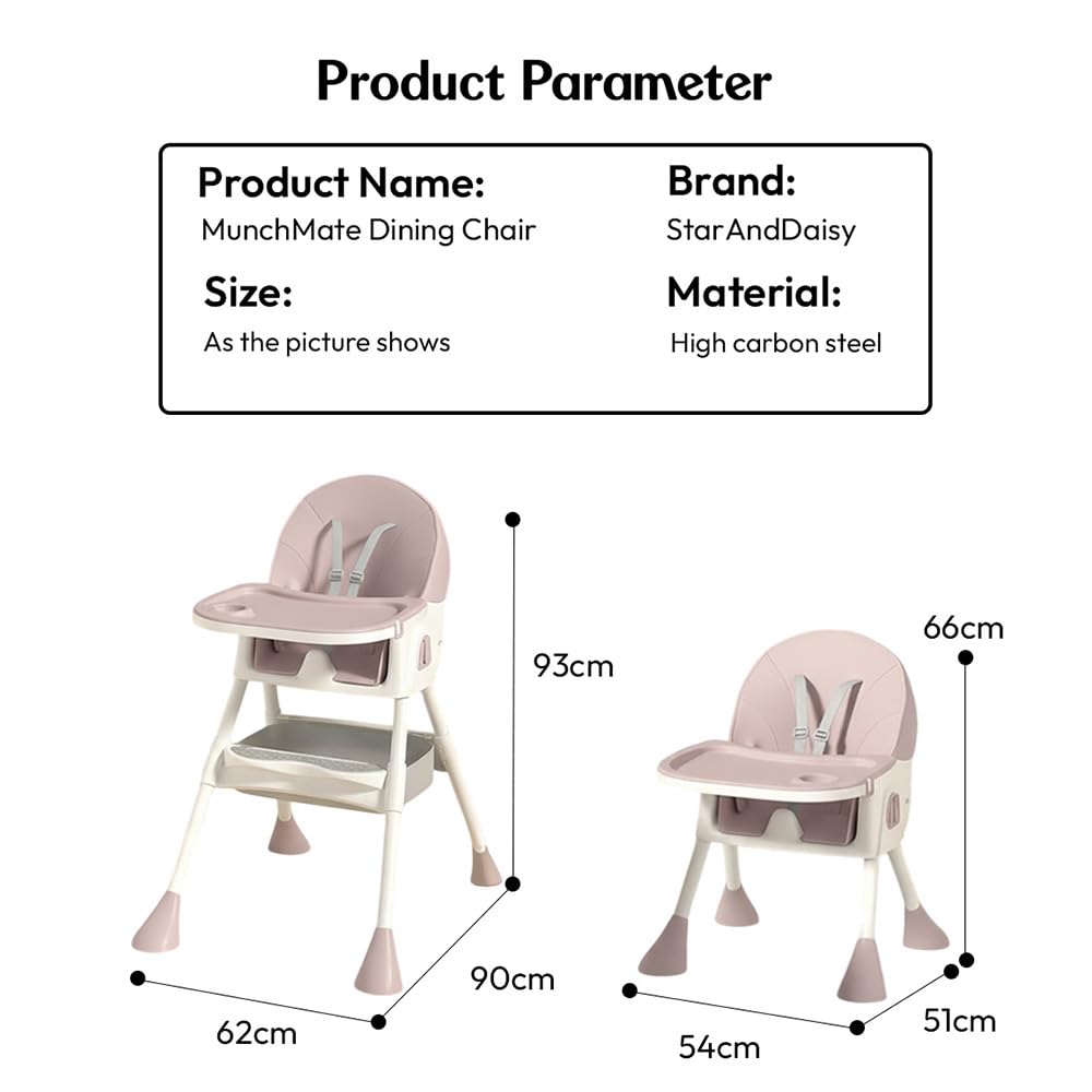 StarAndDaisy High Chair for Baby 6 Months to 5 Years/Adjustable Height Feeding Chair with 4 Reclining Seat Positions, Double Food Tray, Foldable Design & Wheels/High Chair for Baby - Pink