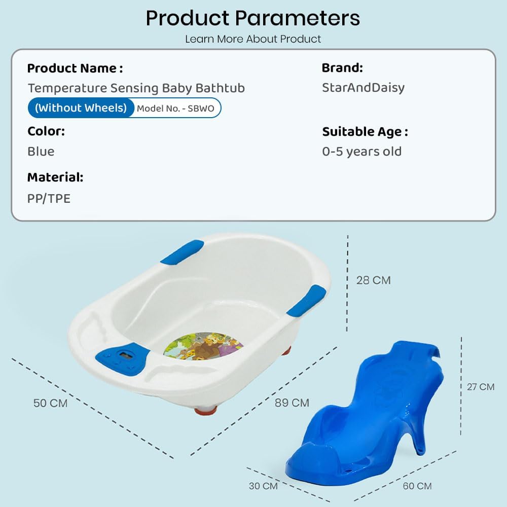 StarAndDaisyBath Tub for 0 to 3 Years/Newborn Baby Bath Tub/Infants Bathtub with Temperatures Sensor & Baby Bath Seat/Sling, Antislip Baby Bath Tub with Bath Chair (White-Blue)