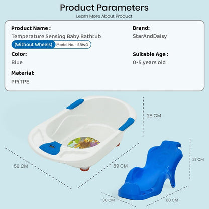 StarAndDaisyBath Tub for 0 to 3 Years/Newborn Baby Bath Tub/Infants Bathtub with Temperatures Sensor & Baby Bath Seat/Sling, Antislip Baby Bath Tub with Bath Chair (White-Blue)