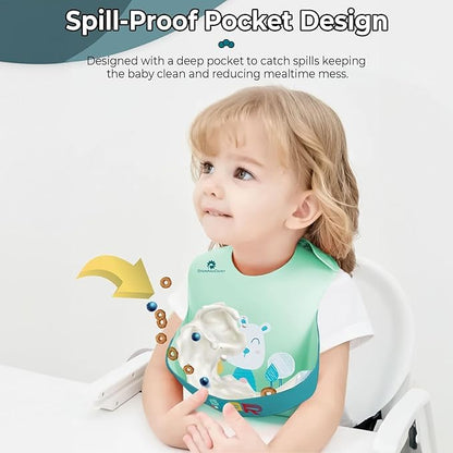 StarAndDaisy Reusable Silicone Bib for Baby with Adjustable Buttons for Mess-Free Feeding, Weaning, and Easy Cleaning and Waterproof (Printed-Green Bear)