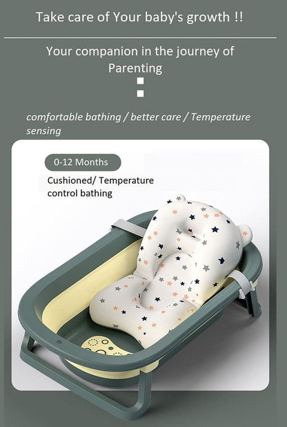 StarAndDaisy Foldable Infant Bath Tub with Smart Temperature Indication Meter, Collapsible Newborn Toddler Folding Bathing Support Bathtub with Soft Cushion for 0-3 Years Baby (Green)