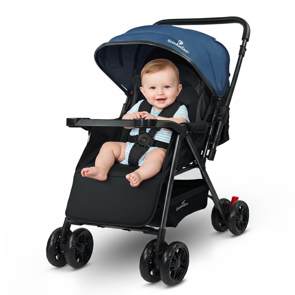StarAndDaisy Baby Stroller for 0–3 Years, Foldable Pram with 3 Reclining Positions/Baby Stroller with Food Tray and 360 Degree Swivel Wheels