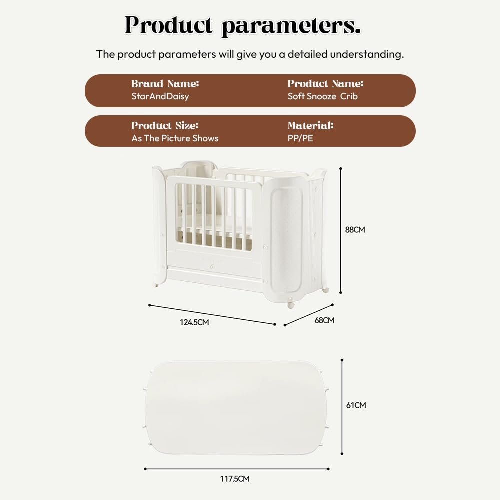 StarAndDaisy Baby Cot with Wheels / 100KG Heavy Duty PP Baby Crib/Waterproof & Termite Resistant/BPA-Free Newborn Baby Bed/Portable Infant Sleeping Cot -White