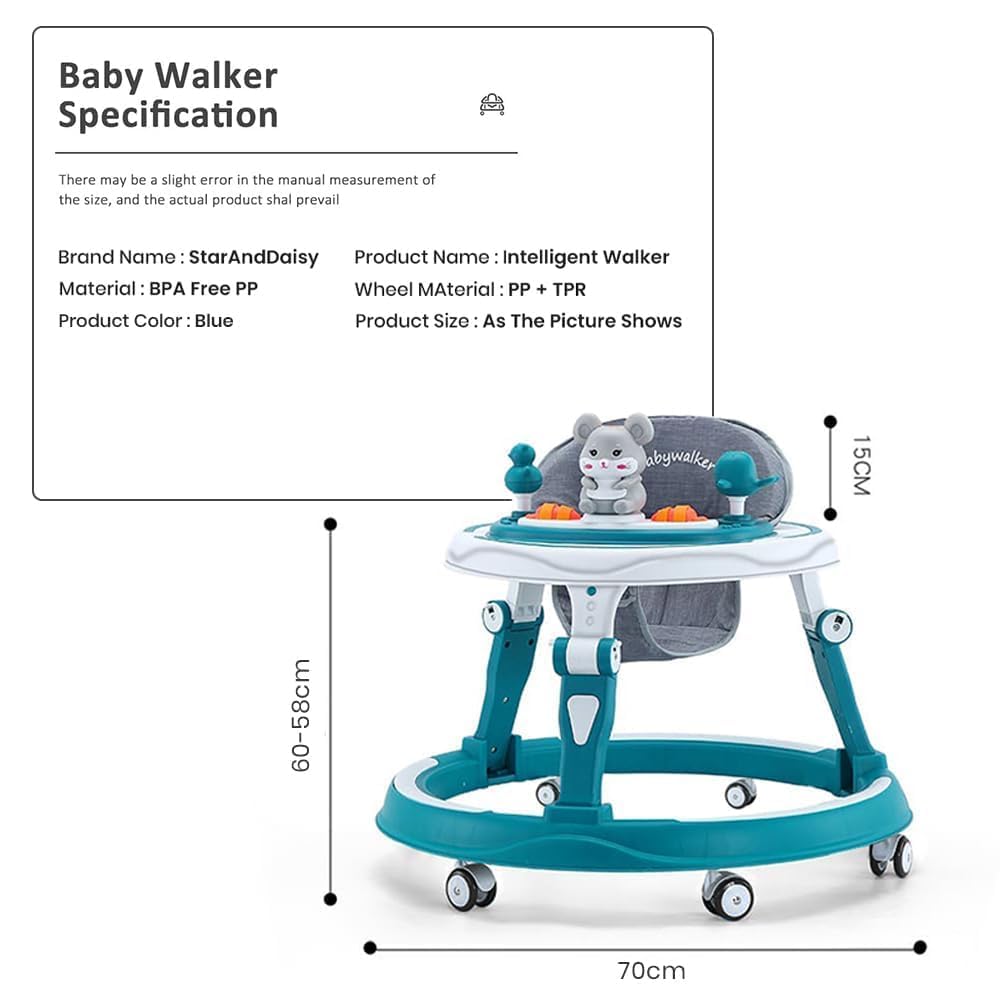 StarAndDaisy 360 Baby Walker 6-24 Months / 7 Level Height Adjustment Walker for Kids Boy and Girl with Switchable Food & Musical Toy Tray/Premium Baby Walker - Blue