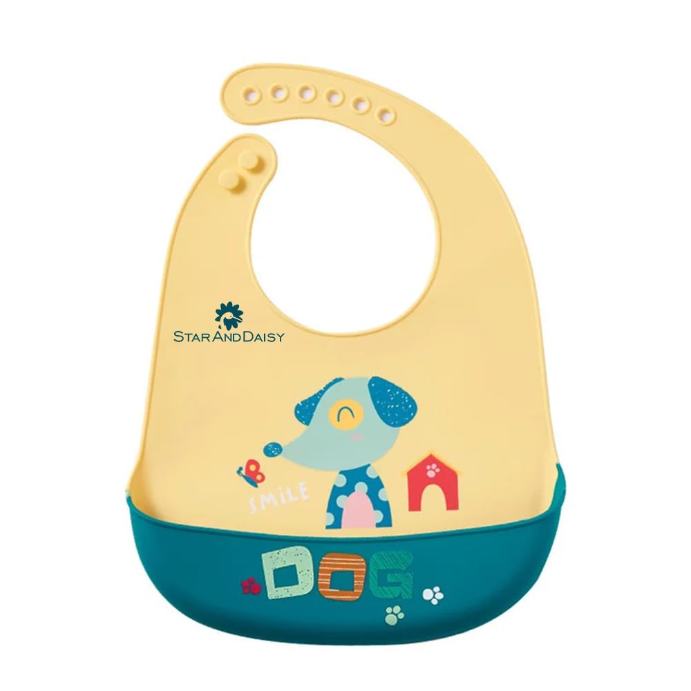StarAndDaisy Reusable Silicone Baby Bib with Adjustable Buttons for Mess-Free Feeding, Weaning, and Easy Cleaning and Waterproof. (Printed-Yellow Blue)