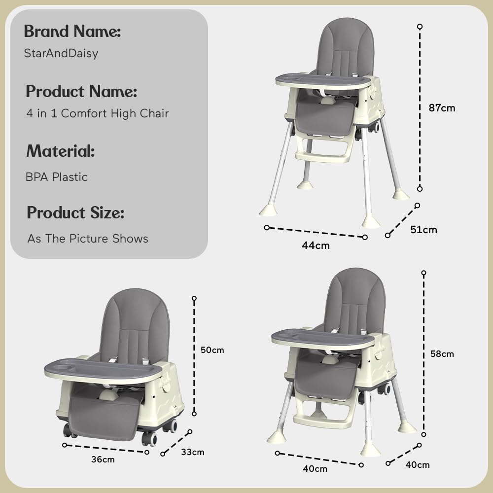 StarAndDaisy High Chair for Baby/Baby Feeding Chair for 0 to 5 Years with 4 in-1 Multifunctions/High Chair with Height Adjustable, Detachable Tray & One-Hand Adjustable - Grey