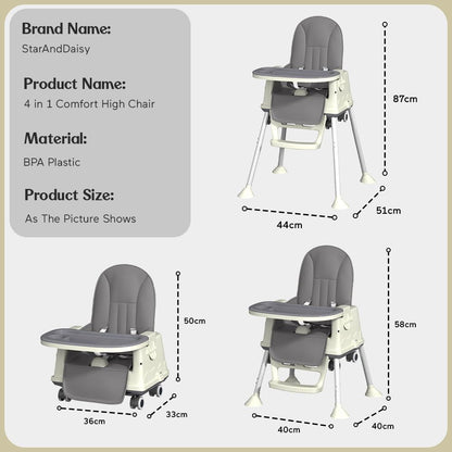 StarAndDaisy High Chair for Baby/Baby Feeding Chair for 0 to 5 Years with 4 in-1 Multifunctions/High Chair with Height Adjustable, Detachable Tray & One-Hand Adjustable - Grey