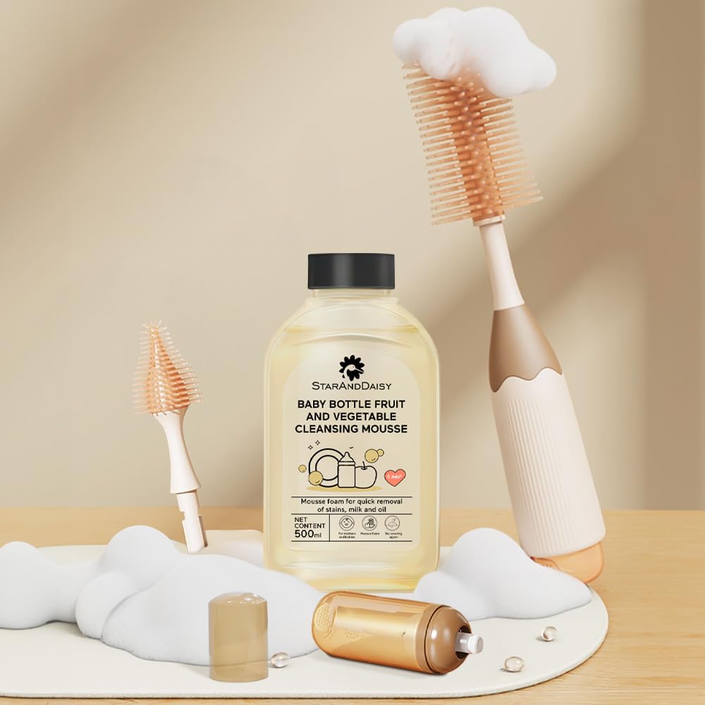 StarAndDaisy Baby Bottle Cleaning Brush Set with Silicone Bristle, 360° Cleaning Bottle Brush with 500 ML Bottle Cleaner & Long Handle, Easy to Clean Narrow & Wide Neck Bottles - Brown Beige
