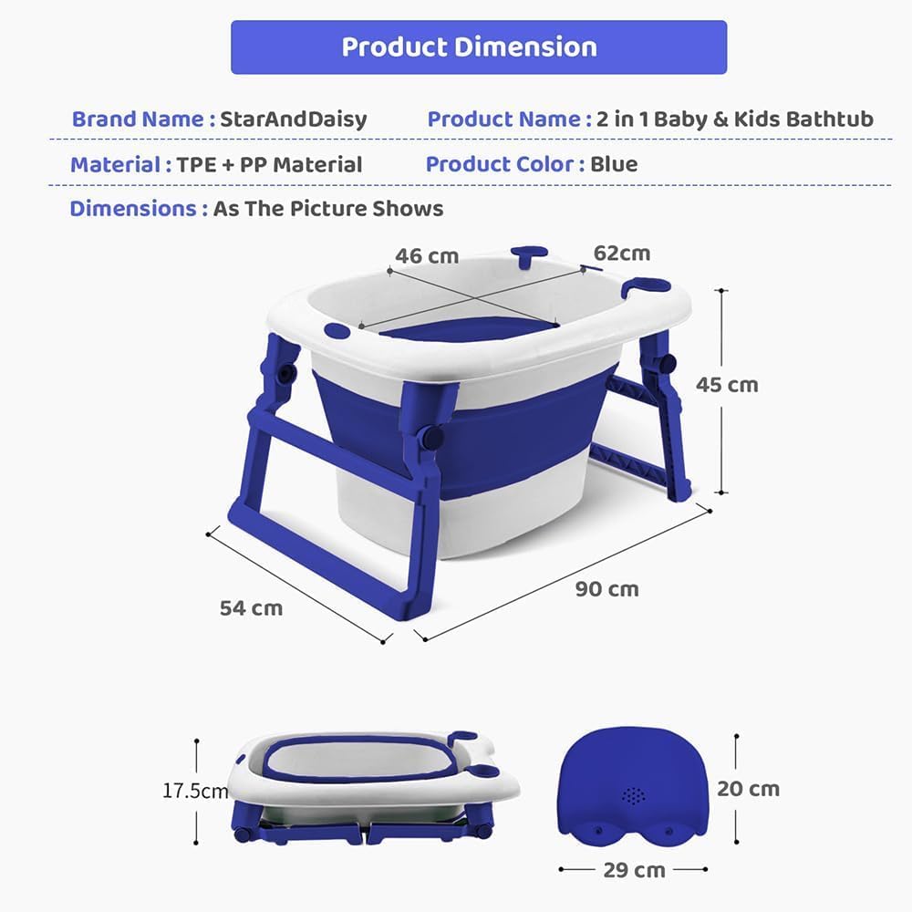 StarAndDaisy 2-in-1 Baby Bath tub for 0 to 5 Years with Bathing Chair & Cushion/Foldable Bath tub for Kids 0-3 Years for Girls and Boys, Space Saving Design & Fast Drainage (Blue)