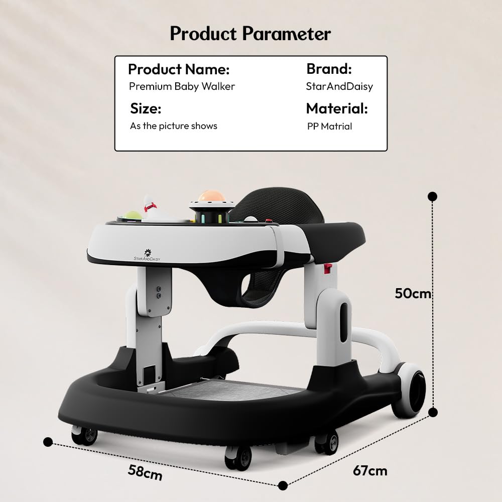 StarAndDaisy Baby Walker/Multifunction/Anti-o Shaped Leg/Anti-Fall/Music Box/Height Adjustment/Baby/Newborn/Girl/boy/ 6-15months *with SEAT Cushion (Premium Black)