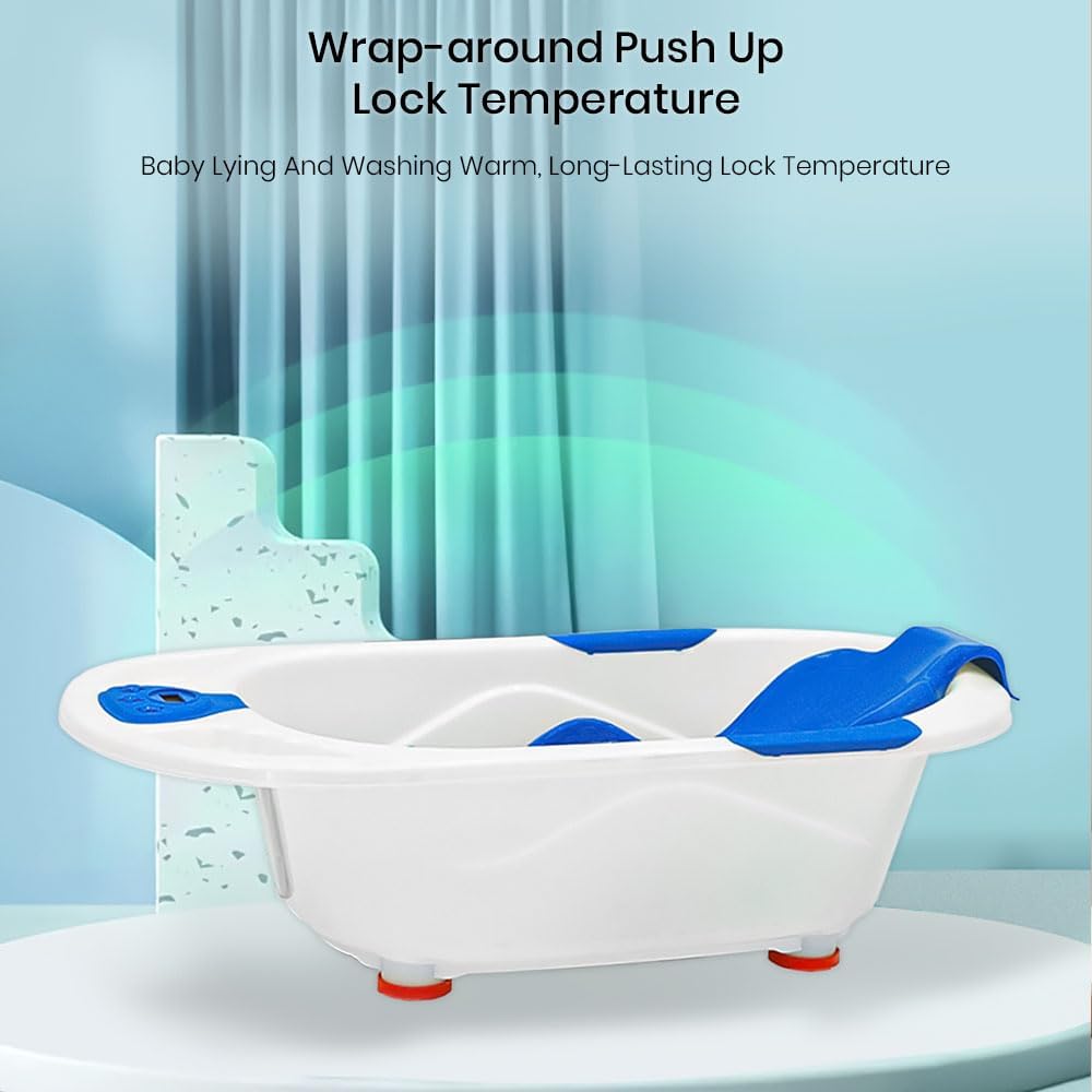 StarAndDaisyBath Tub for 0 to 3 Years/Newborn Baby Bath Tub/Infants Bathtub with Temperatures Sensor & Baby Bath Seat/Sling, Antislip Baby Bath Tub with Bath Chair (White-Blue)