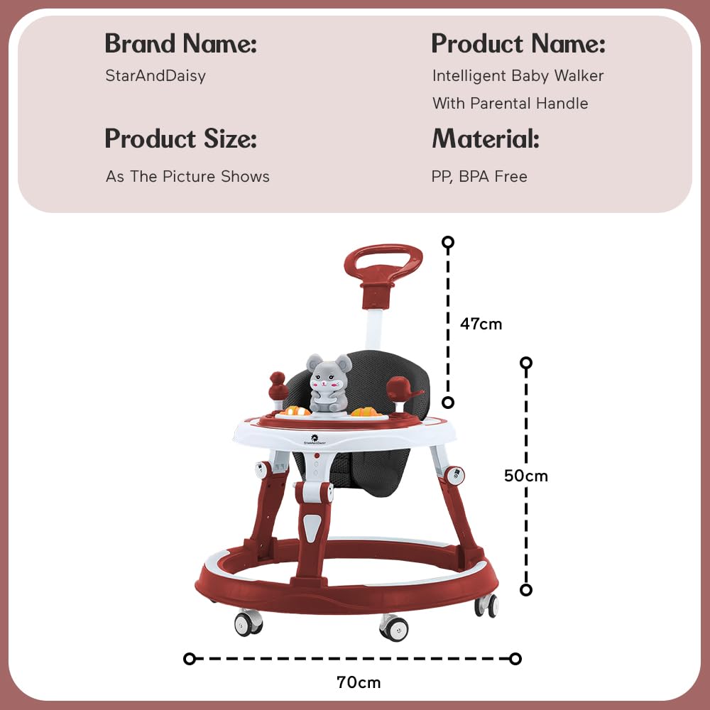 StarAndDaisy 360° Baby Walker 6-24 Months / 7 Level Height Adjustment Walker for Kids Boy and Girl with Intergrated RGB Lights, Switchable Food & Musical Toy Tray/Premium Baby Activity Walker with Parent Rod-Cherry Red