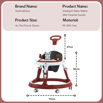 StarAndDaisy 360° Baby Walker 6-24 Months / 7 Level Height Adjustment Walker for Kids Boy and Girl with Intergrated RGB Lights, Switchable Food & Musical Toy Tray/Premium Baby Activity Walker with Parent Rod-Cherry Red