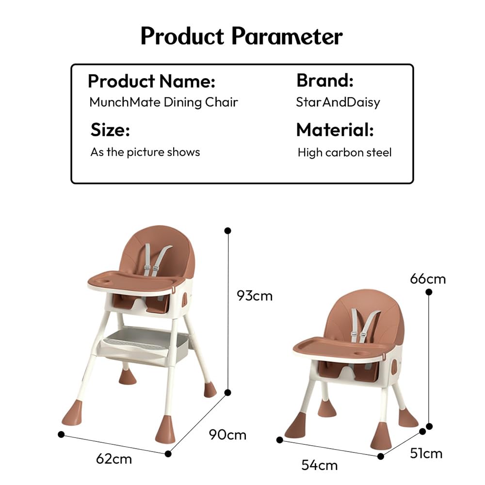 StarAndDaisy High Chair for Baby 6 Months to 5 Years/Adjustable Height Feeding Chair with 4 Reclining Seat Positions, Double Food Tray, Foldable Design & Wheels/High Chair for Baby - Coffee