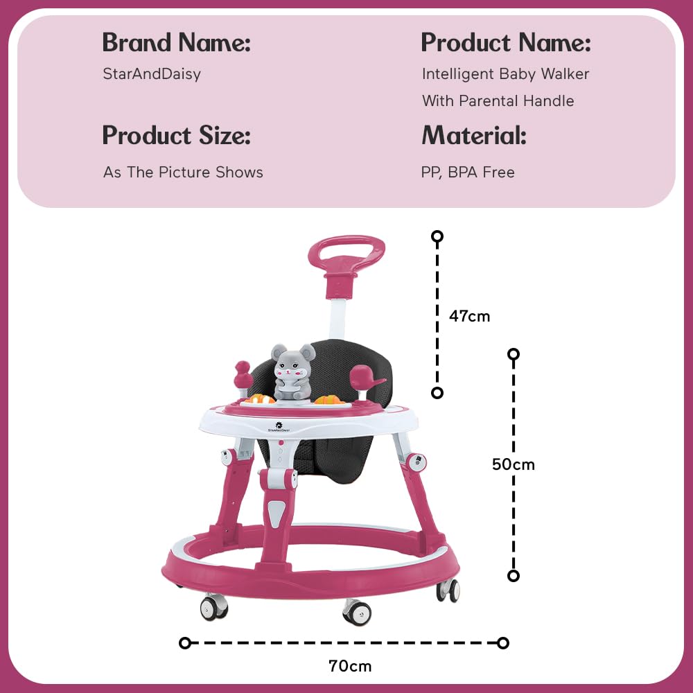 StarAndDaisy 360° Baby Walker 6-24 Months / 7 Level Height Adjustment Walker for Kids Boy and Girl with Intergrated RGB Lights, Switchable Food & Musical Toy Tray/Premium Baby Activity Walker with Parent Rod-Pink