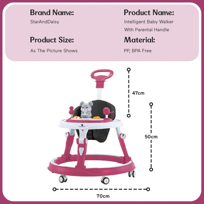 StarAndDaisy 360° Baby Walker 6-24 Months / 7 Level Height Adjustment Walker for Kids Boy and Girl with Intergrated RGB Lights, Switchable Food & Musical Toy Tray/Premium Baby Activity Walker with Parent Rod-Pink