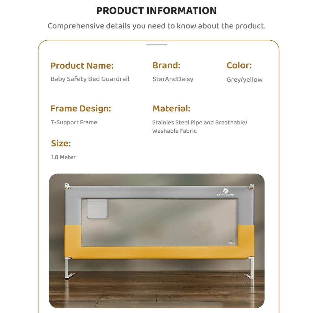 StarAndDaisy Alloy Steel Baby Bed Guard Rail with T- Body Support Frame, Adjustable Height/Portable Single Side Bed Rail for Infant & Toddler's Safety (Grey &Yellow-1.8 M)