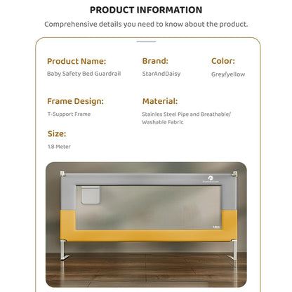 StarAndDaisy Alloy Steel Baby Bed Guard Rail with T- Body Support Frame, Adjustable Height/Portable Single Side Bed Rail for Infant & Toddler's Safety (Grey &Yellow-1.8 M)
