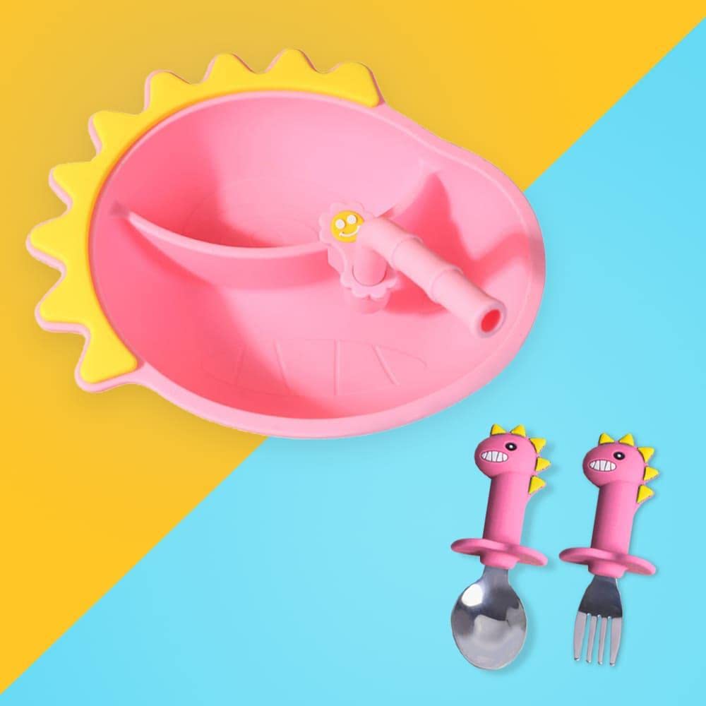 StarAndDaisy Baby Plates for Toddlers with Straw, Silicone Plates with Suction Divided Kids BPA Free Microwave Dishwasher Safe, Plates with Set of Spoons (Casual Plate Pink)