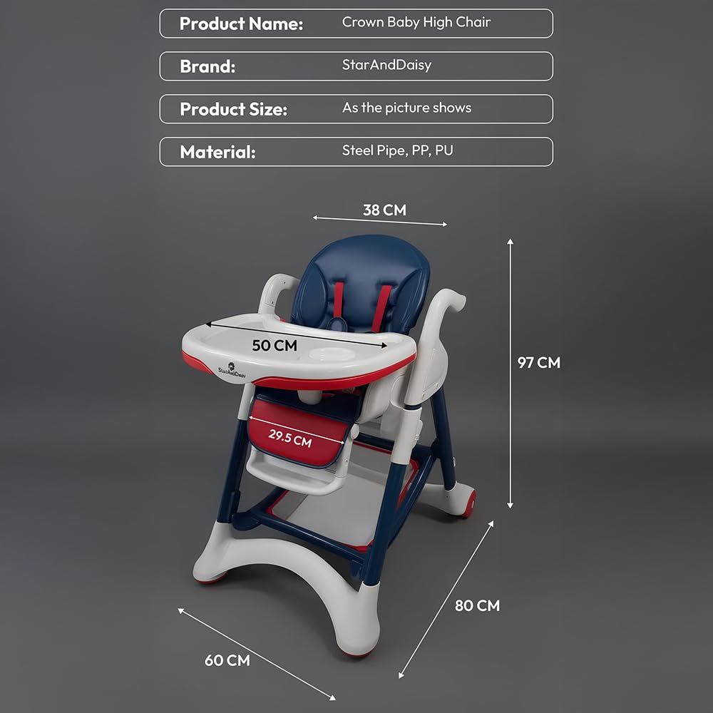 StarAndDaisy Premium Feeding Chairs 6 Months to 3 Year/ High Chair for Baby with Premium Leather Cushion / Baby Chair with 5 Level Seat & Foot Rest Adjustmnet, Height Adjustable, Detachble food Tray, One Click Foldable (Red & Blue)
